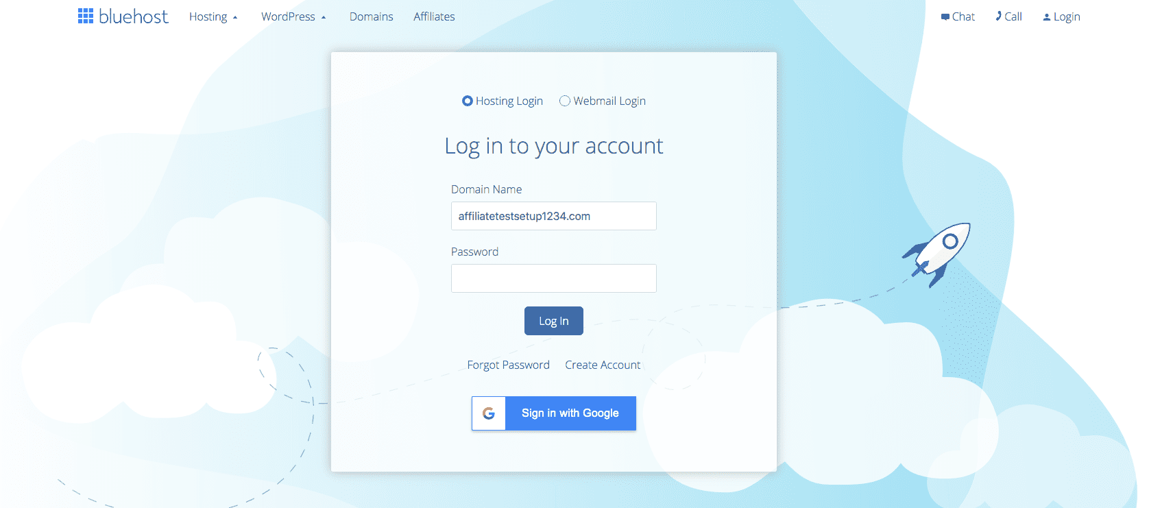 Using your new password to login to Bluehost